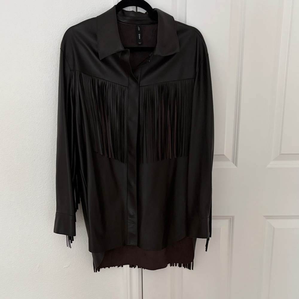 Mango brown Faux Leather Fringe Button-Up Shirt